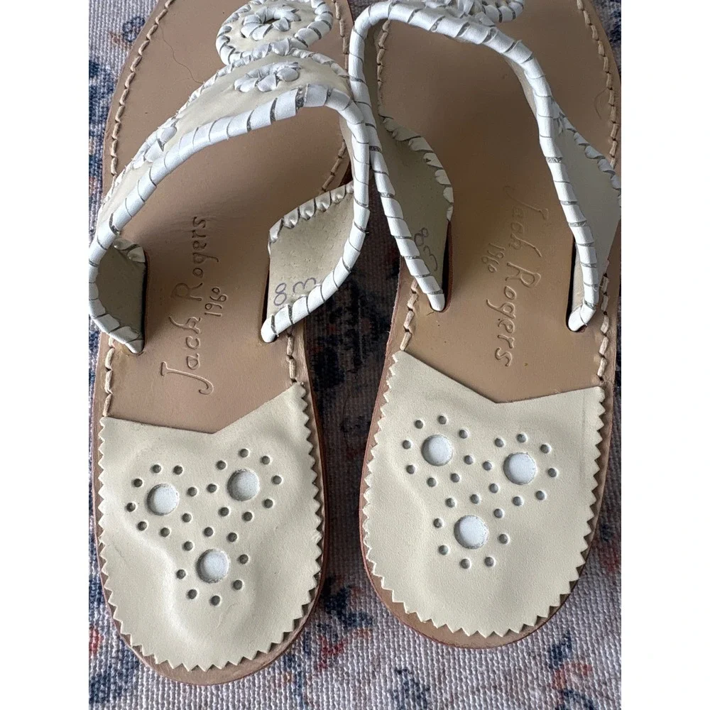 Jack Rogers Jacks Flat Sandal Cream White Leather Whipstitch Thong Size 8M